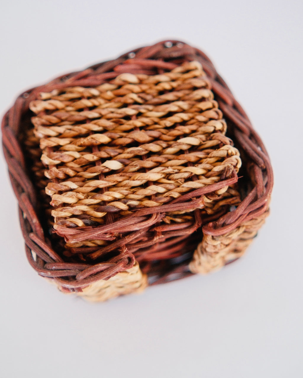 Vintage Hand-Woven Wicker & Seagrass Drink Coasters with Caddy | Set of 6