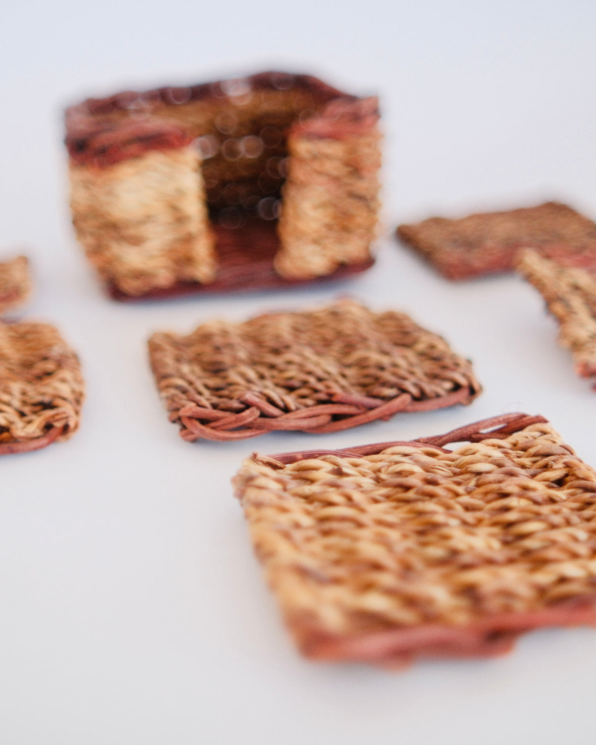 Vintage Hand-Woven Wicker & Seagrass Drink Coasters with Caddy | Set of 6