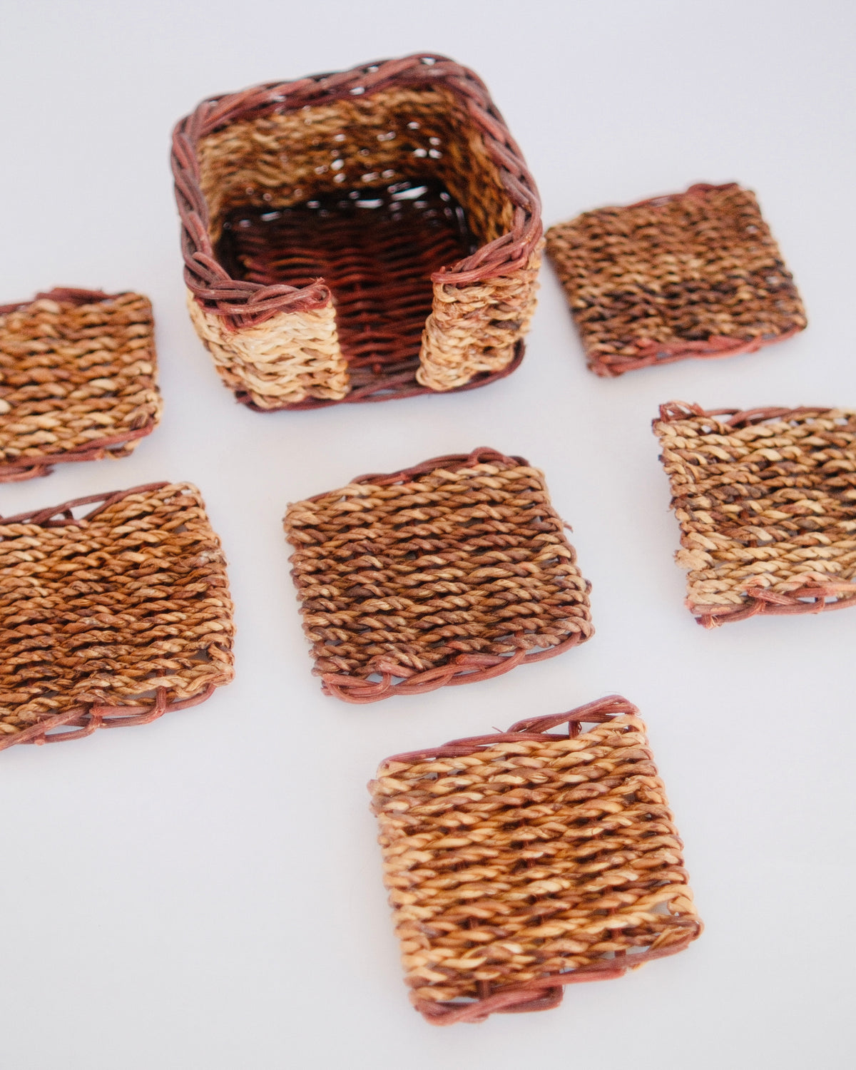 Vintage Hand-Woven Wicker & Seagrass Drink Coasters with Caddy | Set of 6