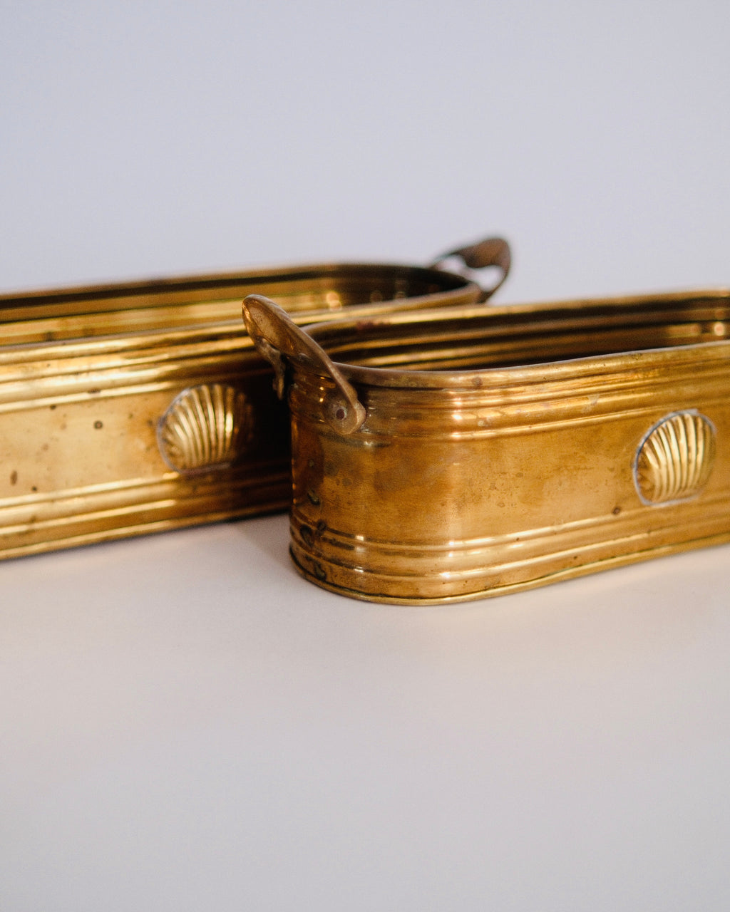 Vintage Brass Oval Shell Planter Troughs with Side Handles | Nesting Pair