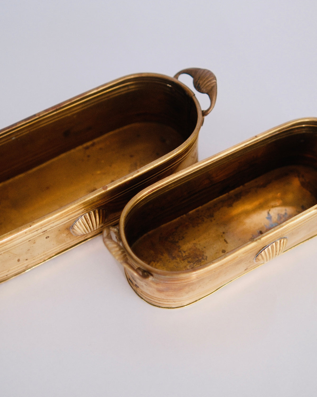 Vintage Brass Oval Shell Planter Troughs with Side Handles | Nesting Pair