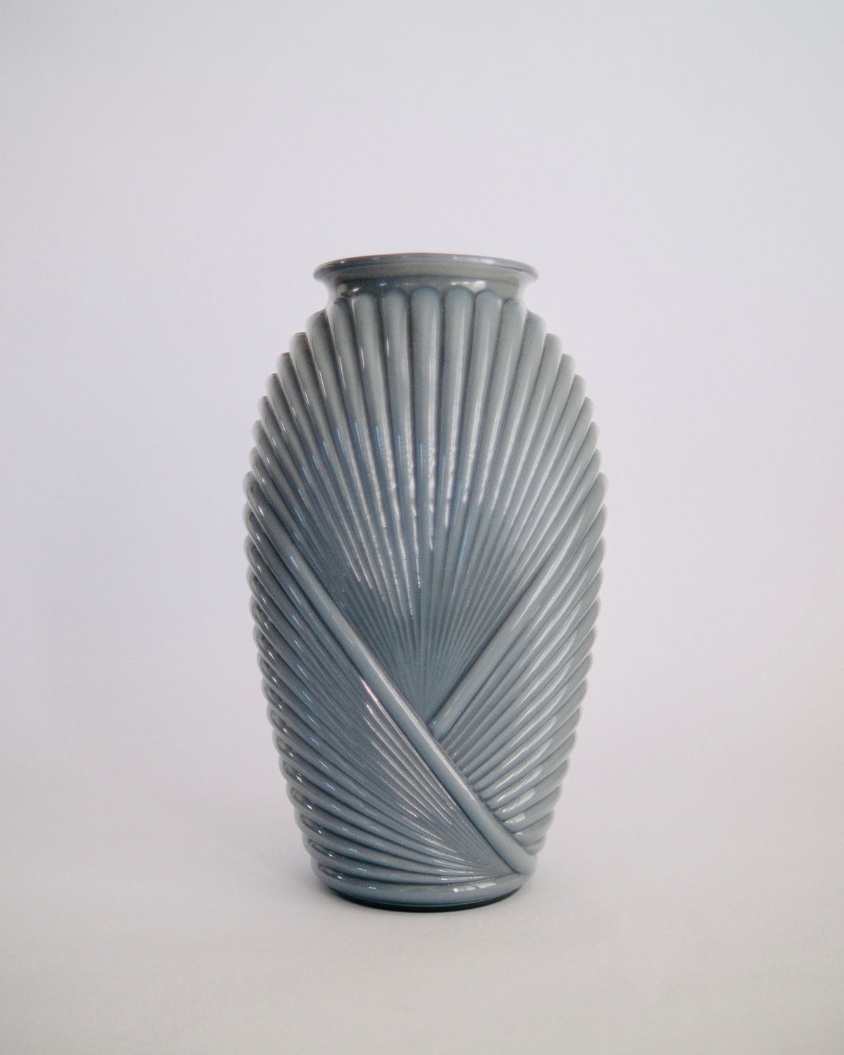 The Dusk Fan | 1980s Art Deco Revival Slate Blue Fluted Glass Vase