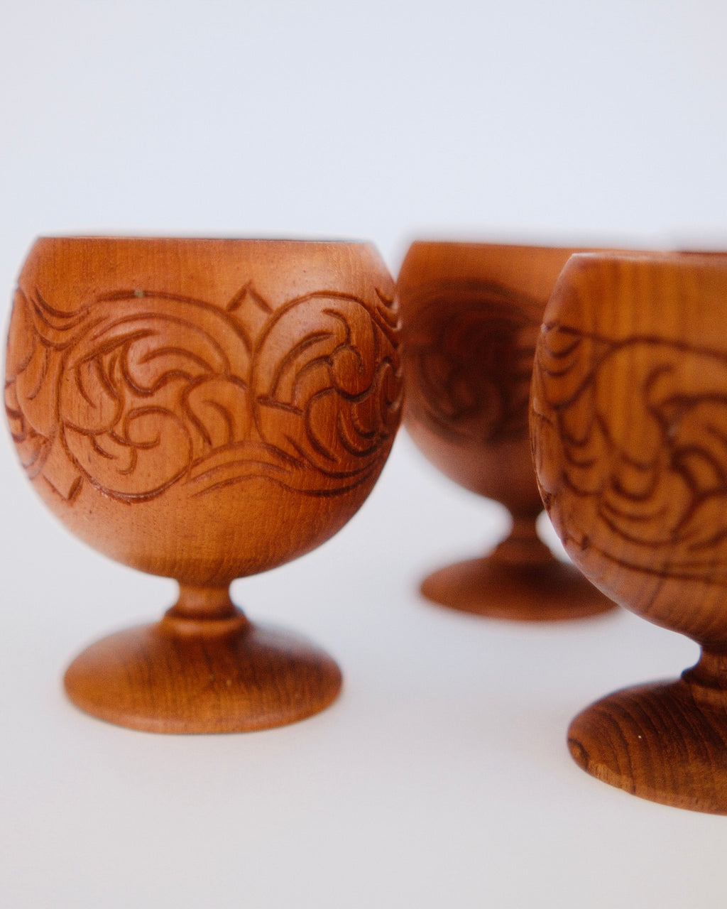 Mid-Century Hand-Carved Wooden Goblets | Set of 5