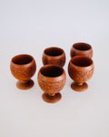 Set of five mid-century hand-carved teak wood goblets with floral relief carving - Eulogy Vintage