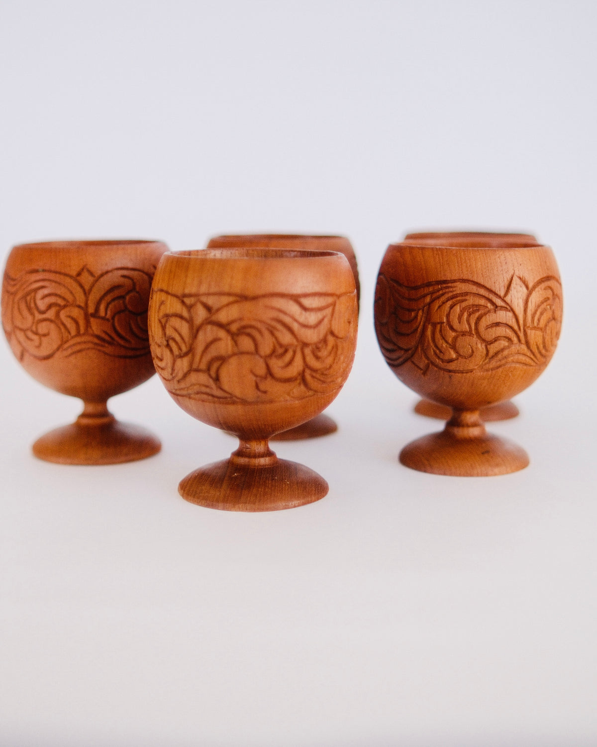 Mid-Century Hand-Carved Wooden Goblets | Set of 5