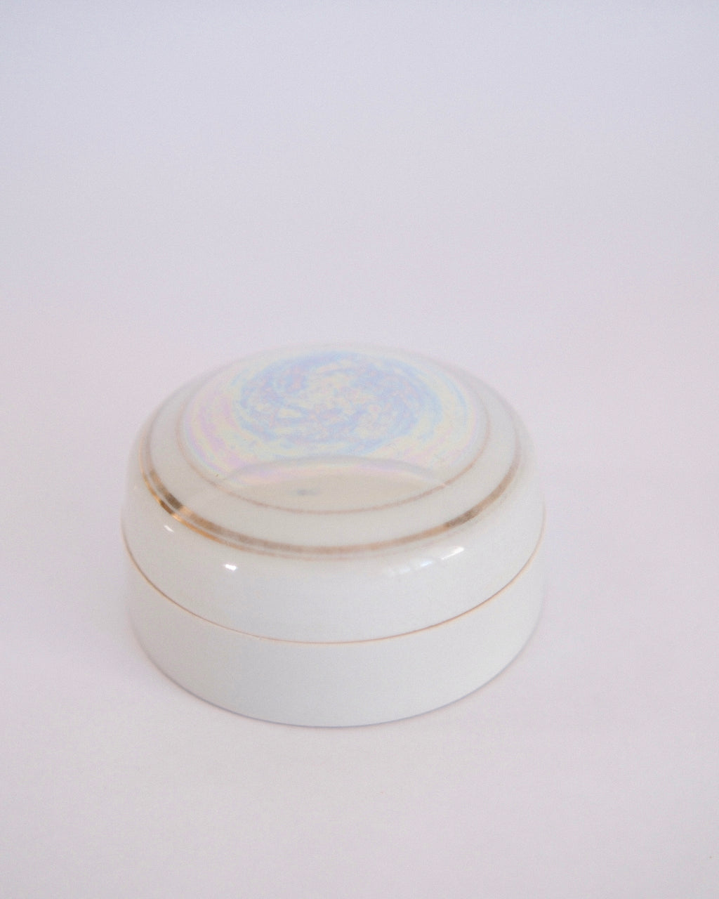 Vintage Iridescent Pearlized Porcelain Trinket Box | Deep Blue Interior