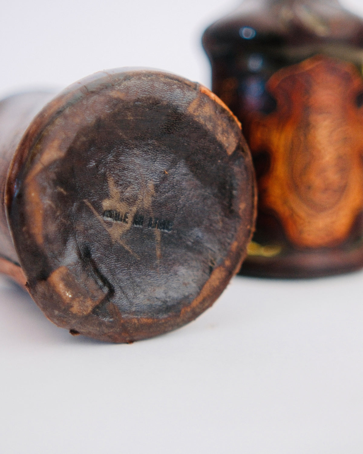 The Medici Pair | Mid-Century Italian Leather-Wrapped Decanters with Embossed Lion Crests