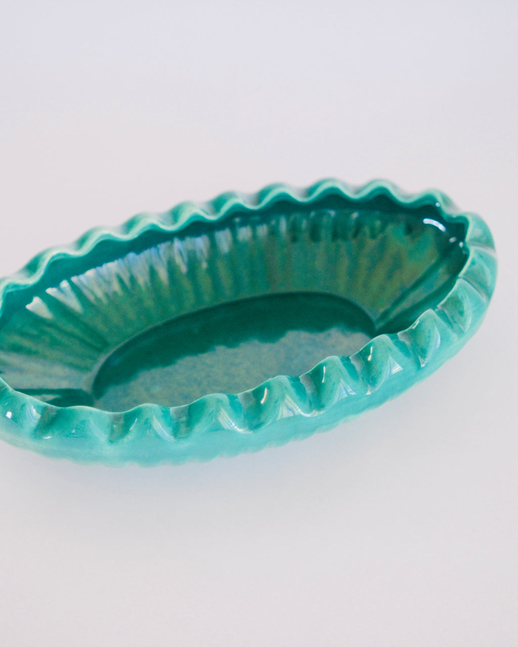 Mid-century scalloped oval teal ceramic pottery dish catchall - Eulogy Vintage