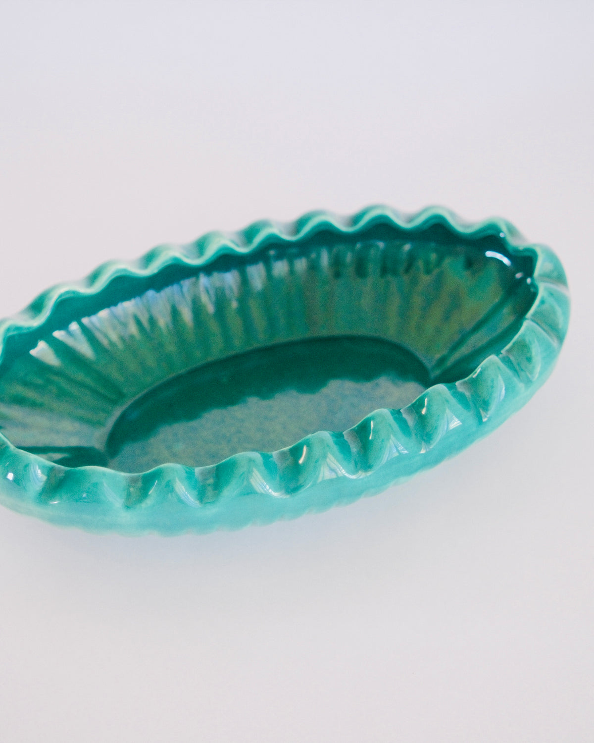 Mid-century scalloped oval teal ceramic pottery dish catchall - Eulogy Vintage