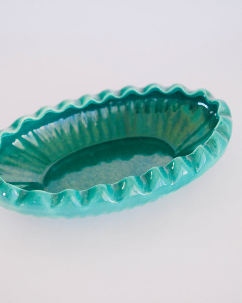 Mid-century scalloped oval teal ceramic pottery dish catchall - Eulogy Vintage
