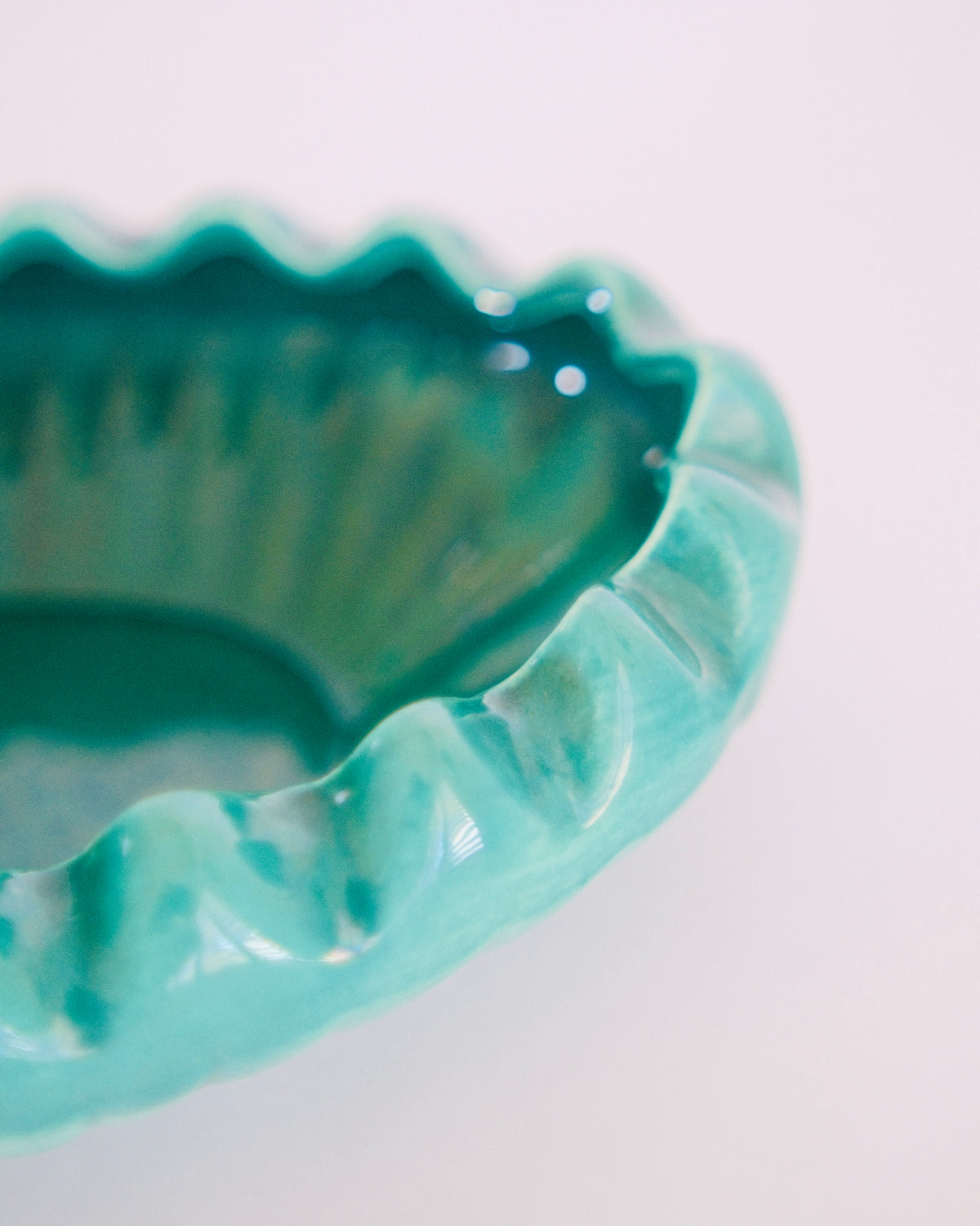 Mid-Century Scalloped Teal Ceramic Oval Dish | Vibrant Aqua Glaze
