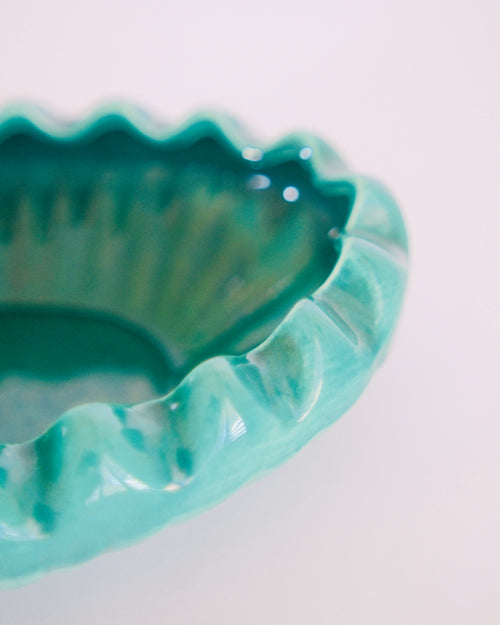 Mid-Century Scalloped Teal Ceramic Oval Dish | Vibrant Aqua Glaze