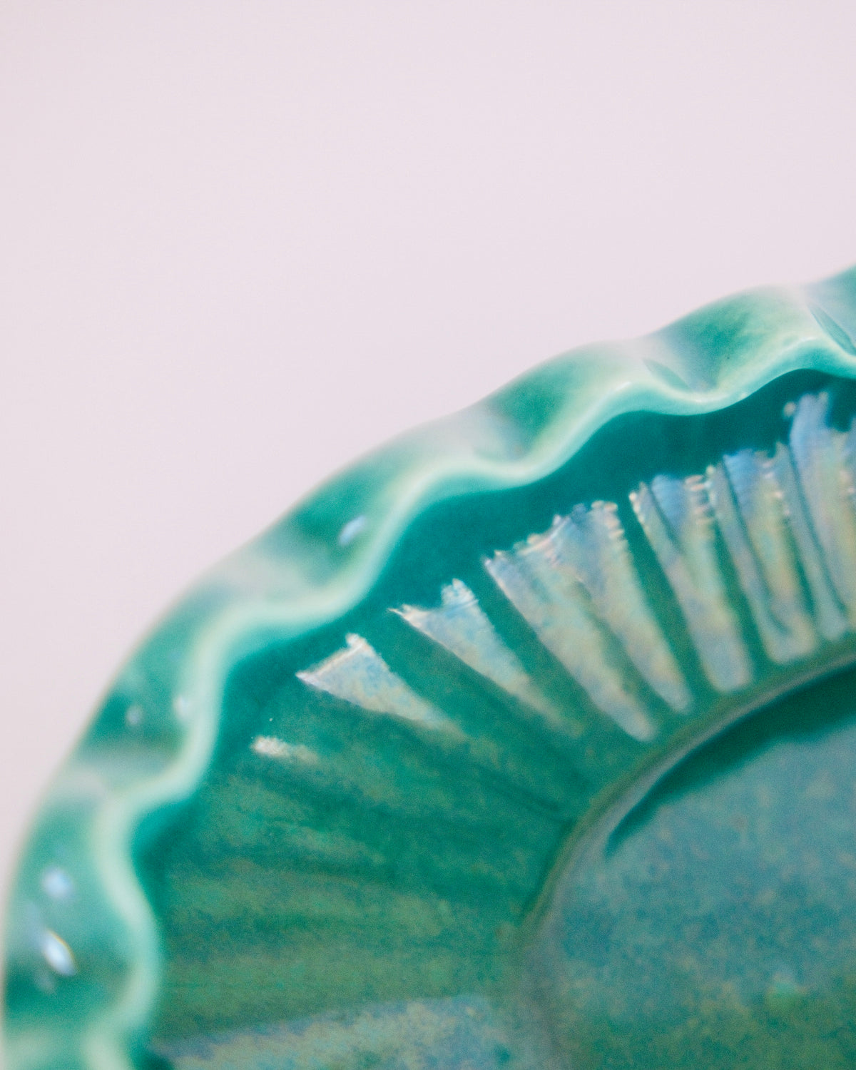 Mid-Century Scalloped Teal Ceramic Oval Dish | Vibrant Aqua Glaze