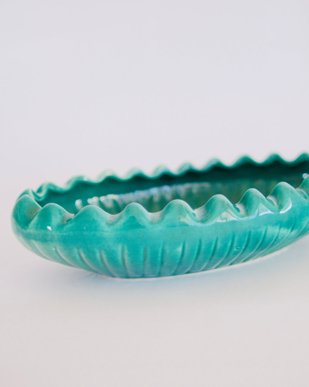 Mid-Century Scalloped Teal Ceramic Oval Dish | Vibrant Aqua Glaze