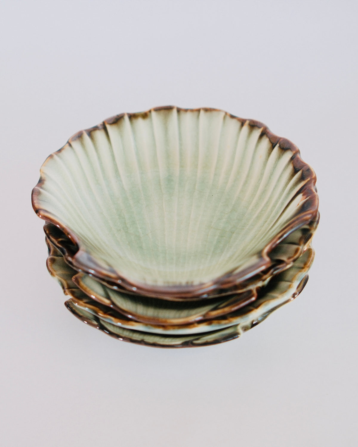 Stacked set of five vintage celadon green crackle glaze ceramic shell appetizer dishes - Eulogy Vintage