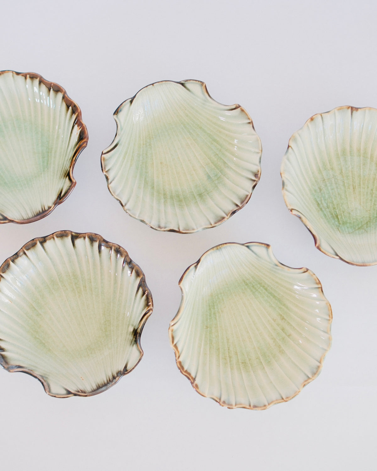 Vintage Celadon Crackle Glaze Shell Dishes | Set of 5
