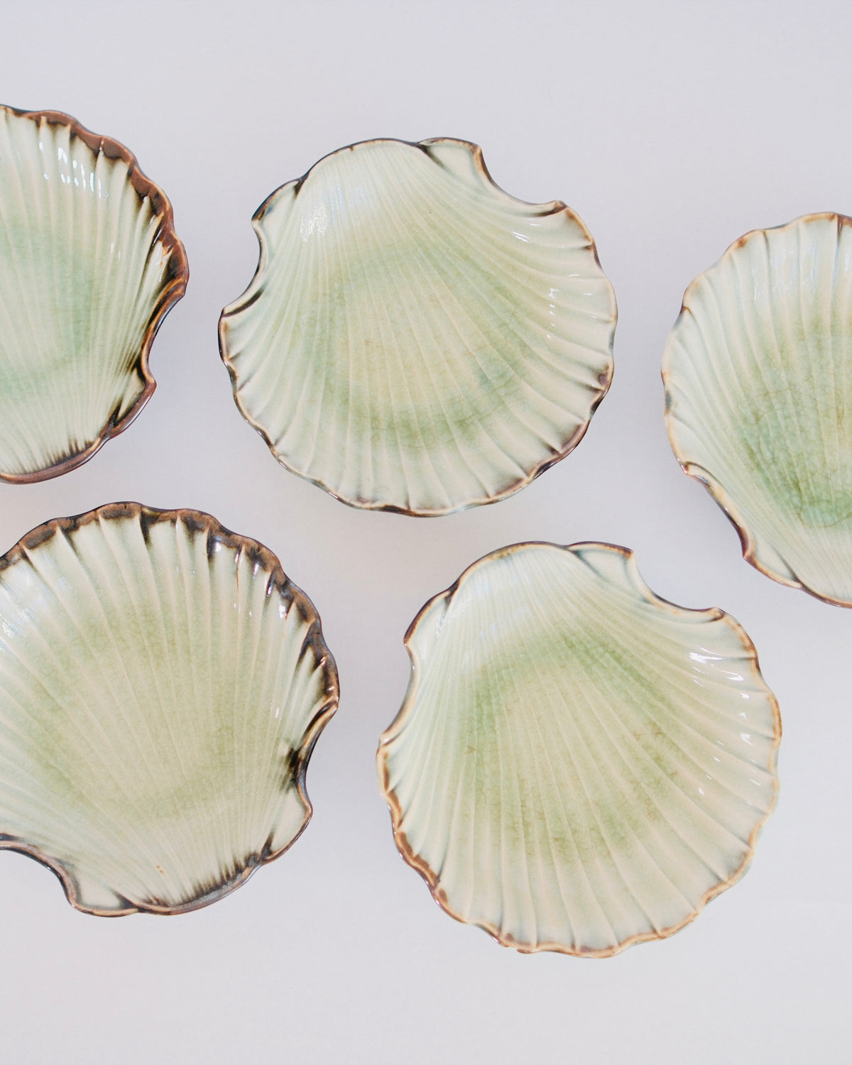 Vintage Celadon Crackle Glaze Shell Dishes | Set of 5