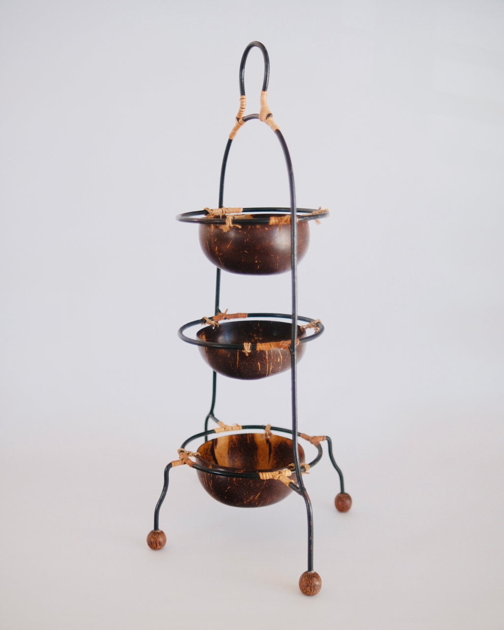 Vintage 1960s three tier coconut shell and black wrought iron Tiki bar serving stand - Eulogy Vintage