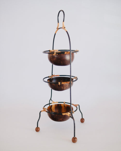 Vintage 1960s three tier coconut shell and black wrought iron Tiki bar serving stand - Eulogy Vintage